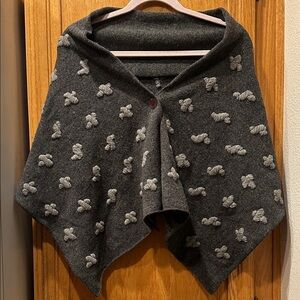 Elegant Gray Wool Poncho Shawl with Allover 3D Embroidered Textured Accents OS
